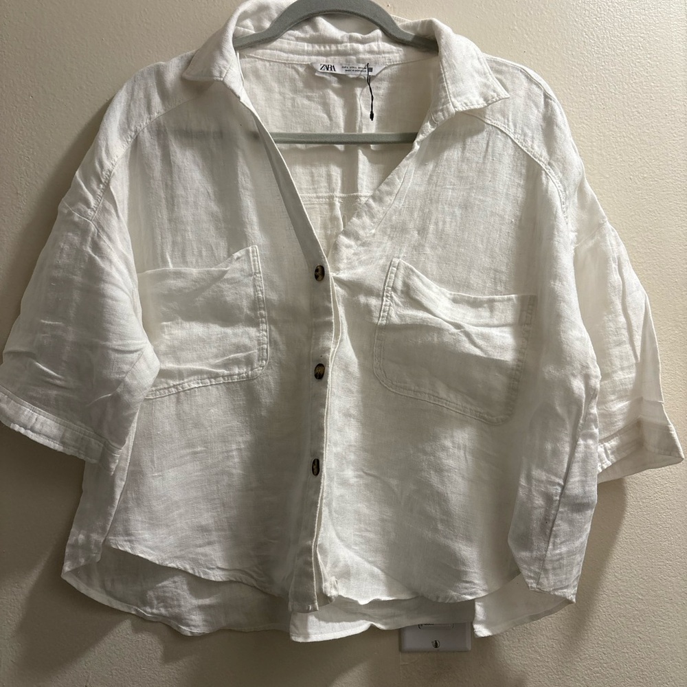 Zara Ivory Linen Collared Shirt